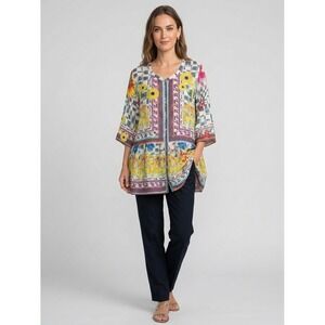 Johnny Was Silk Floral Geometric Button Front Tunic Top Multi Color Womens Large